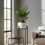 Cole White & Black Floor Standing Plant Pot. Modern indoor planter. White iron pot. Black metal plant stand. Small and large planter. Minimalist plant holder. Contemporary home décor.