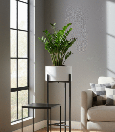 Cole White & Black Floor Standing Plant Pot. Modern indoor planter. White iron pot. Black metal plant stand. Small and large planter. Minimalist plant holder. Contemporary home décor.