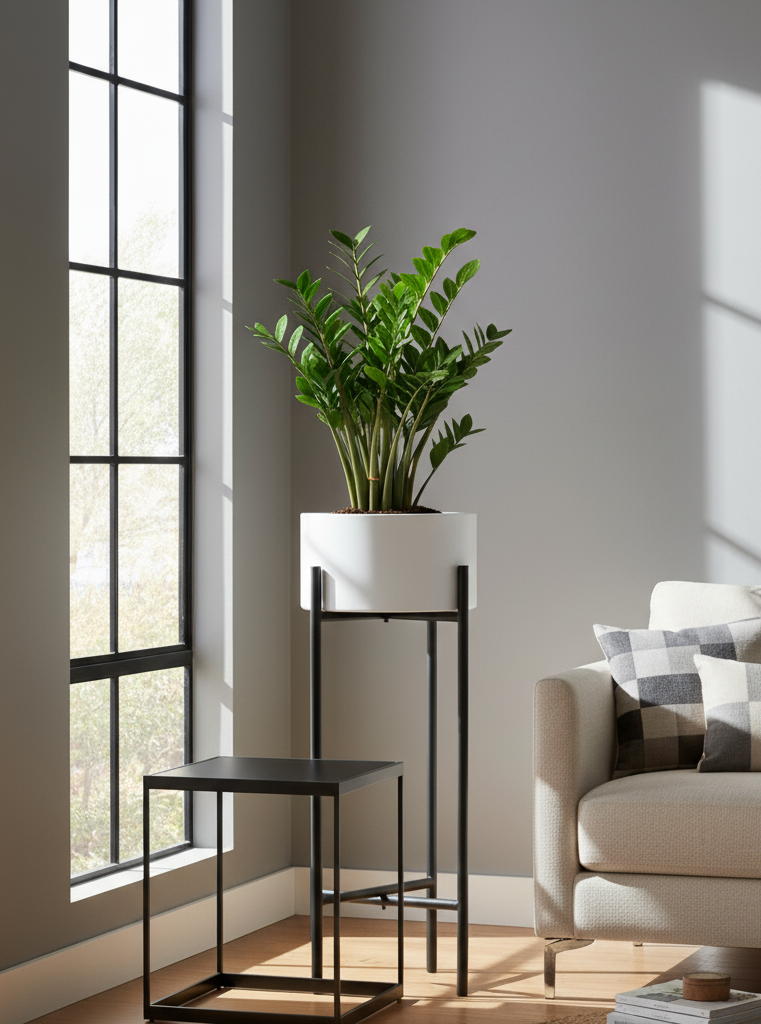 Cole White & Black Floor Standing Plant Pot Cole White & Black Floor Standing Plant Pot. Modern indoor planter. White iron pot. Black metal plant stand. Small and large planter. Minimalist plant holder. Contemporary home décor.