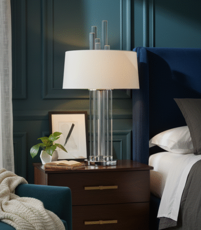 Corey Glass Rods Table Lamp. Art deco table lamp. Silver table lamp. Gold finish lamp. Glass rod lighting. Modern decorative lighting. White or black fabric shade. Luxury home décor lamp. Sculptural metal lamp. Ambient living room lighting. Contemporary bedside table lamp. Reflective metallic base. Designer statement lighting. Boutique interior accessory.