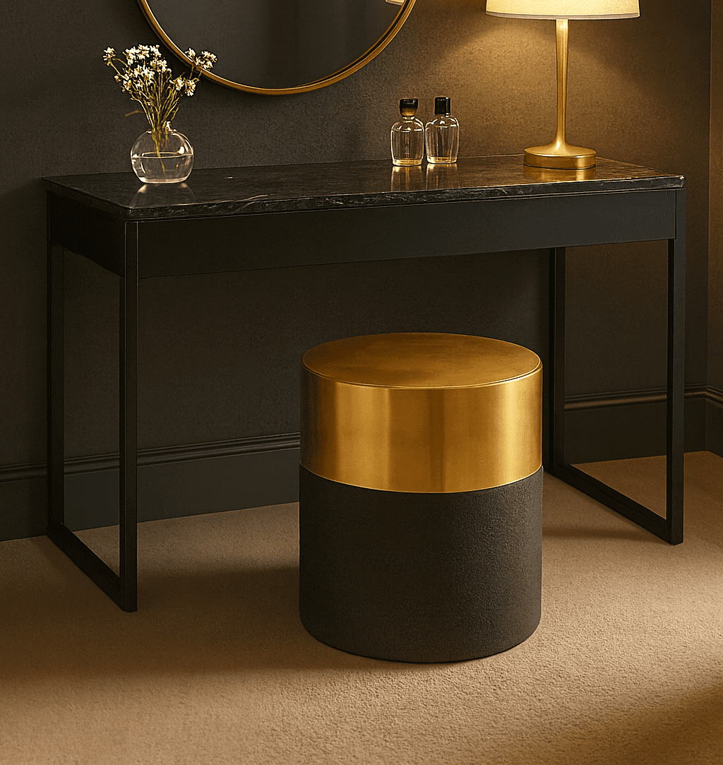 Corina Round Shagreen Stool Corina Round Shagreen Stool. Round shagreen stool. Luxury accent stool. Black and gold stool. Textured leather stool. Modern footstool. Art deco stool. Bedroom accent stool. Living room stool. Boutique style furniture. Luxury seating. Contemporary home furniture. Designer stool. Metallic base stool. Compact accent furniture.