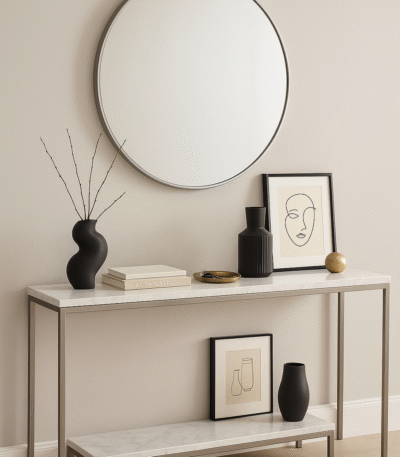 Crest Silver Wall Mirror. Round silver mirror. Minimalist wall mirror. Modern iron frame mirror. Elegant home décor. Contemporary wall accent. Sleek silver finish. Easy to hang mirror. Statement round mirror.