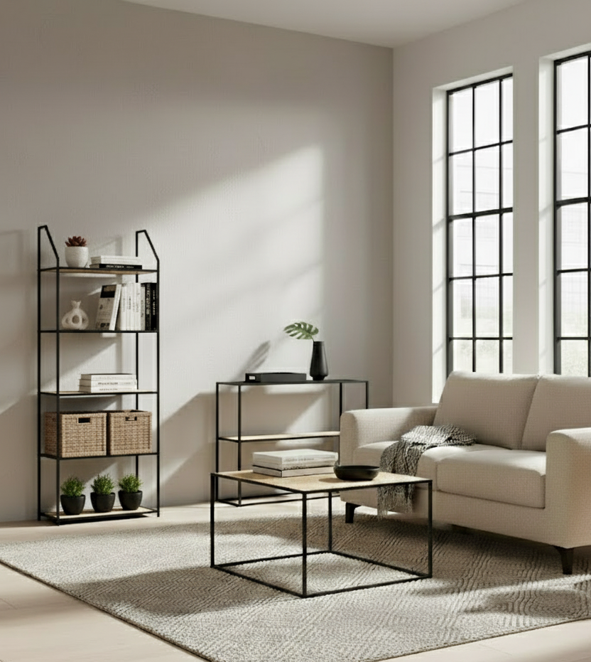 Dakota Collection. black metal furniture. natural rattan furniture. rattan shelves. modern rattan décor. metal and rattan design. boho furniture. Scandinavian décor. industrial style shelving. contemporary storage. durable home furniture. lightweight rattan. mixed material furniture. modern shelving units. eco-friendly décor. natural texture furniture. minimalist home styling. versatile storage solutions. black frame furniture. organic modern design.