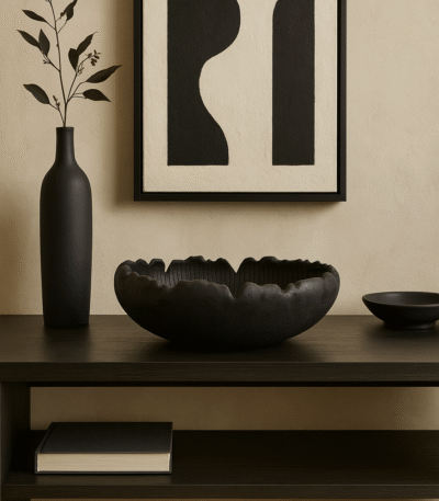 Dren Textured Bowl. Modern decorative bowl. Polyresin bowl. White textured bowl. Black sculptural bowl. Minimalist home décor. Organic centrepiece. Modern table décor.