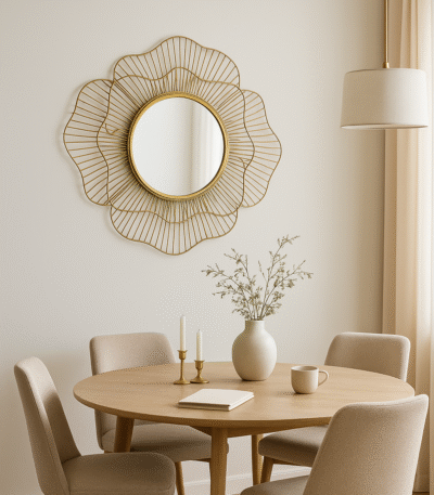 Eden Flower Wall Mirror. Gold flower mirror. Decorative wall mirror. Metal petal mirror. Floral wall décor. Modern gold mirror. Statement wall accessory. Contemporary flower mirror. Elegant home décor.