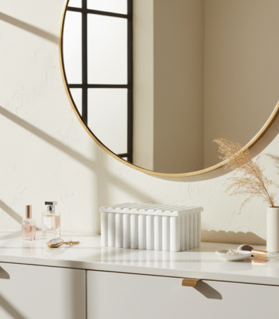 Elia Marble Ribbed Box. White marble storage box. Modern decorative box. Ribbed marble décor. Luxury home accessory. Contemporary marble storage. Elegant trinket box.