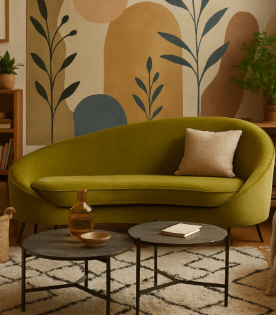 Elston 3 Seater Curved Sofa. Velvet curved sofa. Modern 3 seater. Green velvet sofa. Grey velvet sofa. Contemporary living room furniture. Sculptural design sofa.