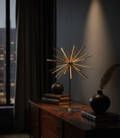 Eren Sculpture on Acrylic Stand. Gold metal sculpture. Modern home décor accent. Acrylic base sculpture. Contemporary art piece. Luxe decorative accessory. Abstract gold sculpture.