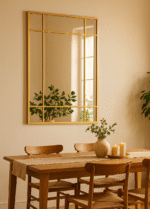 Frey Panelled Wall Mirror. Gold panel mirror. Rectangular wall mirror. Window-style mirror. Industrial wall décor. Modern gold mirror. Grid design wall mirror. Contemporary mirror. Elegant home accessory.