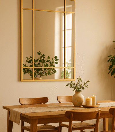 Frey Panelled Wall Mirror. Gold panel mirror. Rectangular wall mirror. Window-style mirror. Industrial wall décor. Modern gold mirror. Grid design wall mirror. Contemporary mirror. Elegant home accessory.