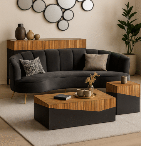 Gale Collection. solid bamboo furniture. bamboo table. natural grain furniture. modern organic design. two-tone furniture. contemporary home décor. minimalist furniture. sustainable materials. refined craftsmanship. warm wood tones. modern living room furniture. sculptural furniture. eco-friendly décor. statement furniture piece. organic texture design. timeless contemporary style. durable home furniture. clean line design. modern natural décor.