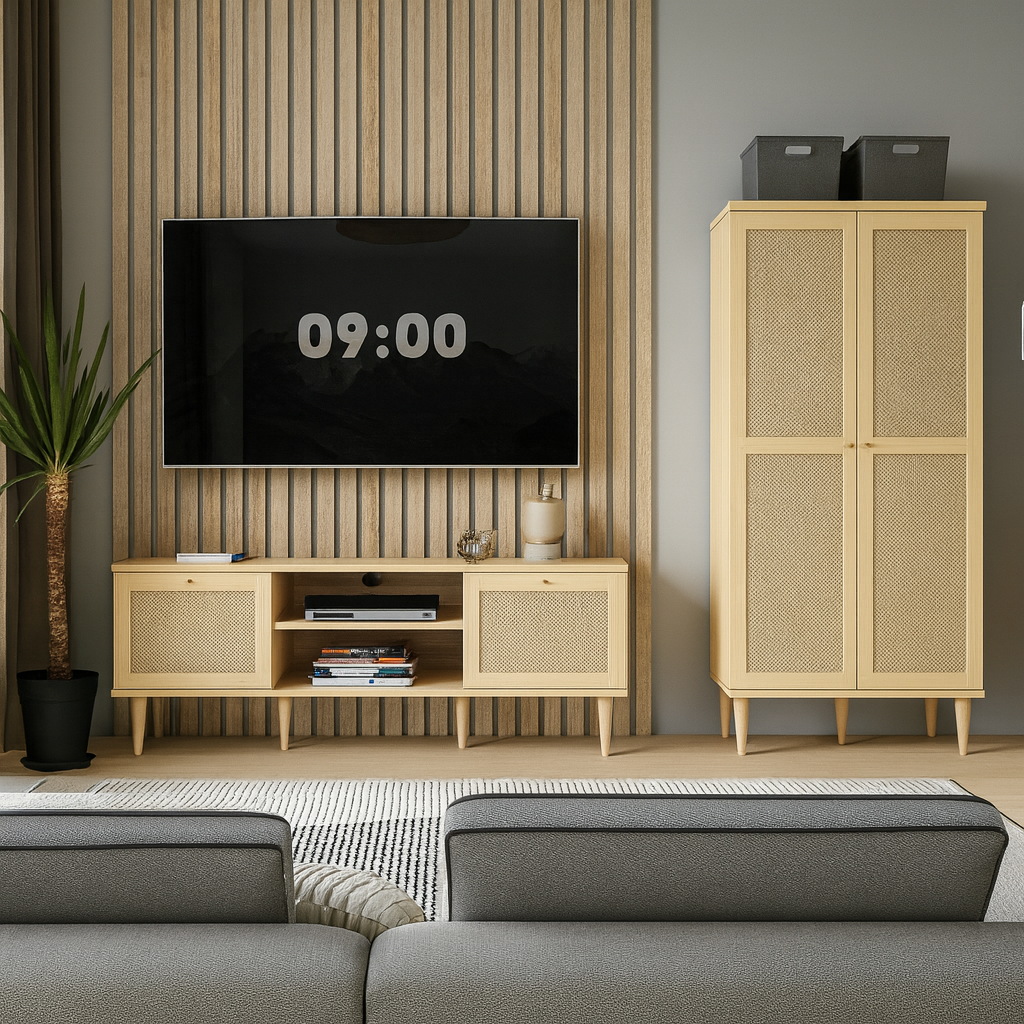 bedroom. living room. beige. cabinet. collection. cupboard. decor. display unit. eco friendly. furniture. home. living room. oak. rattan. sideboard. media unit. table. two door. wood