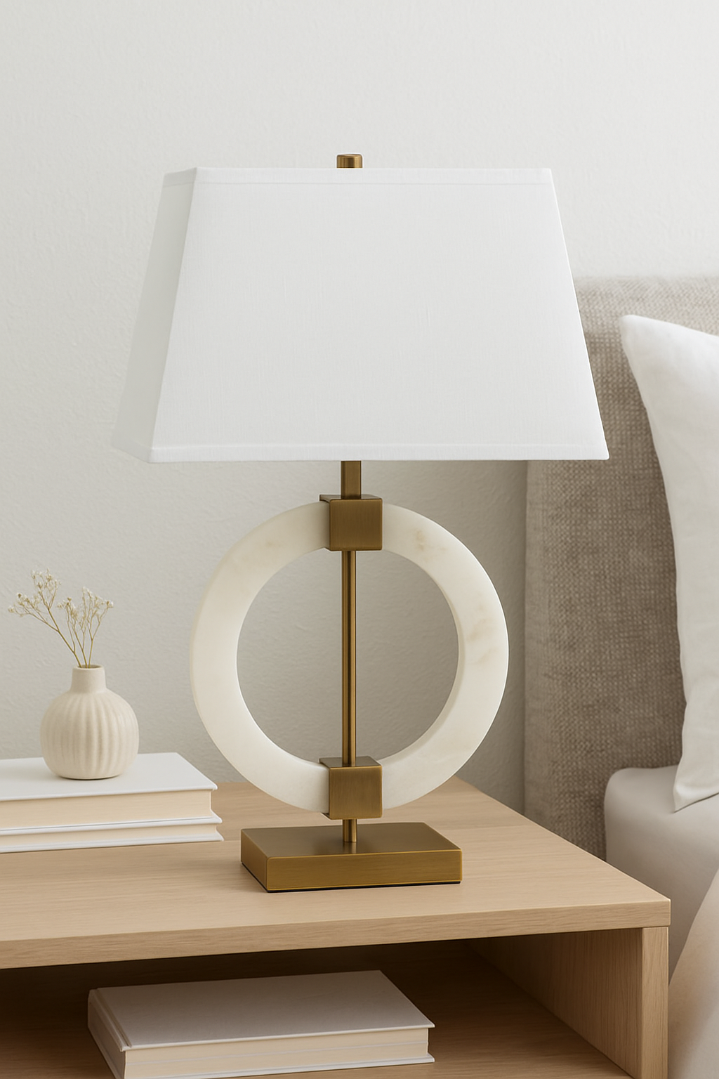 Halden Circular Marble Table Lamp Halden Circular Marble Table Lamp. White marble lamp. Gold base table lamp. Modern marble lighting. Luxury home décor. Brushed gold lamp base. Ivory fabric shade. Contemporary lighting. Sculptural marble lamp. Designer bedside lamp. Elegant living room lighting.