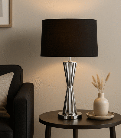 Hudson Twisted Base Table Lamp. Nickel finish lamp. Stainless steel table lamp. Black shade lamp. Modern metallic lighting. Luxury home décor lamp. Sculptural twisted base. Hourglass table lamp. Contemporary bedside lamp. Designer accent lighting. Elegant living room light. Monochrome home accessory. Reflective silver lamp. Boutique style lighting.