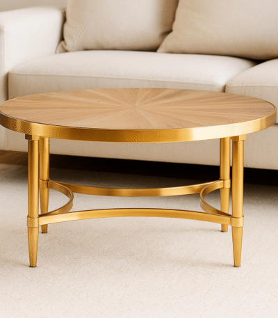 June Coffee Table. Coffee table with curved frame. Aged fir wood table. Gold metal base table. Round coffee table. Sculptural base table. Modern rustic coffee table. Transitional furniture. Luxury living room table. Contemporary coffee table. Curved design furniture. Gold accent table. Fir wood and metal coffee table. Elegant round table. Statement living room décor. Designer coffee table. Artful furniture design. Warm metallic finish table. Stylish home accent. Minimalist modern furniture.