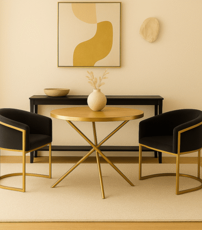 June Dining Table. Dining table with splayed legs. Round dining table. Gold metal base table. Wood top dining table. Sculptural dining table. Luxury dining furniture. Modern dining table. Wooden round table. Contemporary dining room. Gold finish furniture. Minimalist table design. Elegant wood and metal table. Designer round table. Statement dining table. Modern home furniture. Warm metallic base table. Chic dining décor. Contemporary round table. Stylish dining centrepiece.