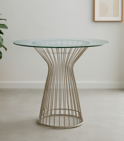 Kaya Glass Dining Table. Round glass dining table. Silver stainless steel base. Modern dining furniture. Art deco dining table. Luxury dining room design. Contemporary glass table. Geometric metal base table. Sleek modern dining set. Reflective silver furniture. Boutique home décor. Minimalist dining table. Clear glass tabletop. Modern round table. Durable stainless steel frame. Elegant dining furniture. Stylish home interiors. Opulent dining design. Statement dining table. Timeless modern décor.