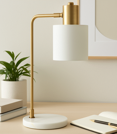 Kelson Curved Table Lamp. Brass finish table lamp. Mid-century modern lighting. Marble base lamp. Curved arm desk lamp. Contemporary home décor. Study table lighting. Elegant gold lamp. Modern reading lamp. Sculptural table lamp. Designer lighting piece.