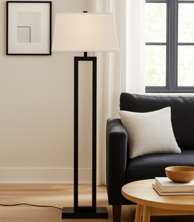 Kenton Monochromatic Floor Lamp. Black and white floor lamp. Modern standing lamp. Minimalist lighting. Contemporary home décor. Black metal frame lamp. White tapered shade. Elegant monochrome lamp. Ambient lighting solution. Modern living room floor lamp. Designer home accessory. Sleek contemporary floor lamp.