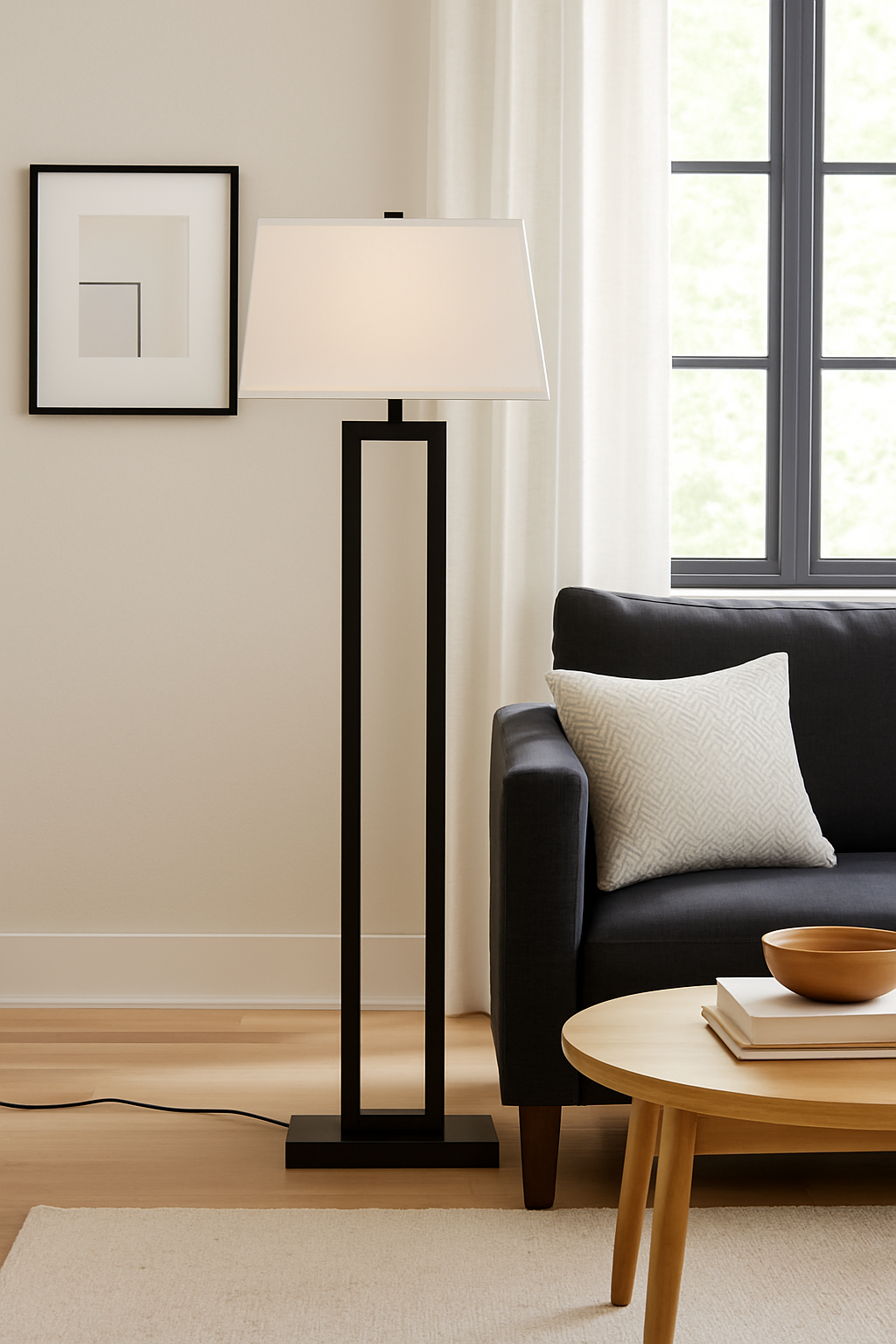 Kenton Monochromatic Floor Lamp Kenton Monochromatic Floor Lamp. Black and white floor lamp. Modern standing lamp. Minimalist lighting. Contemporary home décor. Black metal frame lamp. White tapered shade. Elegant monochrome lamp. Ambient lighting solution. Modern living room floor lamp. Designer home accessory. Sleek contemporary floor lamp.