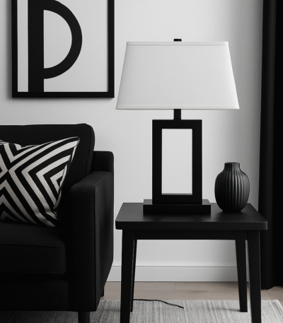 Kenton Monochromatic Table Lamp. Black and white table lamp. Modern desk lamp. Minimalist lighting. Contemporary bedside lamp. Black metal frame. White tapered shade. Monochrome design. Elegant modern lighting. Ambient home lighting. Bedroom lamp. Living room table lamp. Designer home accessory. Sleek decorative lamp.