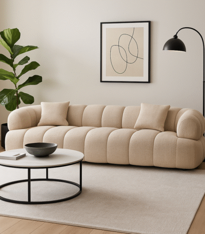 Koro 3 Seater Sofa. Quilted design sofa. Cream linen sofa. Modern curved sofa. Channel stitched sofa. Textured linen furniture. Contemporary living room sofa. Elegant modern couch. Comfortable linen seating. Minimalist three seater. Refined fabric sofa. Soft cream upholstery. Modern home seating. Luxury three seater. Cosy linen sofa. Sculptural modern sofa. Stylish curved couch. Timeless linen sofa. Boutique home furniture. Contemporary lounge seating.