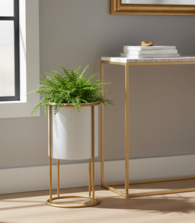 Lane White & Gold Floor Standing Plant Pot. Modern indoor planter. White and gold plant stand. Luxury home décor. Small and large floor planter. Minimalist plant holder. Contemporary gold frame planter.
