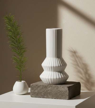 Lani Ribbed Vase. Ribbed ceramic vase. Black vase. White vase. Sculptural home décor. Modern decorative vase. Textured vase. Contemporary ceramic décor. Minimalist vase.