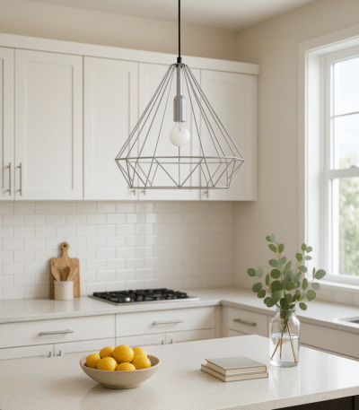 Liva Conical Pendant Light. Gold pendant light. Chrome pendant light. Geometric lighting. Modern ceiling light. Contemporary pendant lamp. Luxury home lighting. Iron cage pendant. Designer ceiling light.