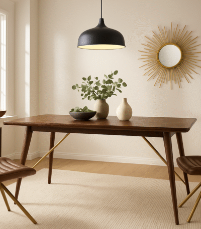 Lowen Walnut Dining Table. Walnut wood table. Leather trim dining table. Brass leg dining table. Mid-century dining table. Modern walnut furniture. Retro-inspired dining table. Luxury wooden table.