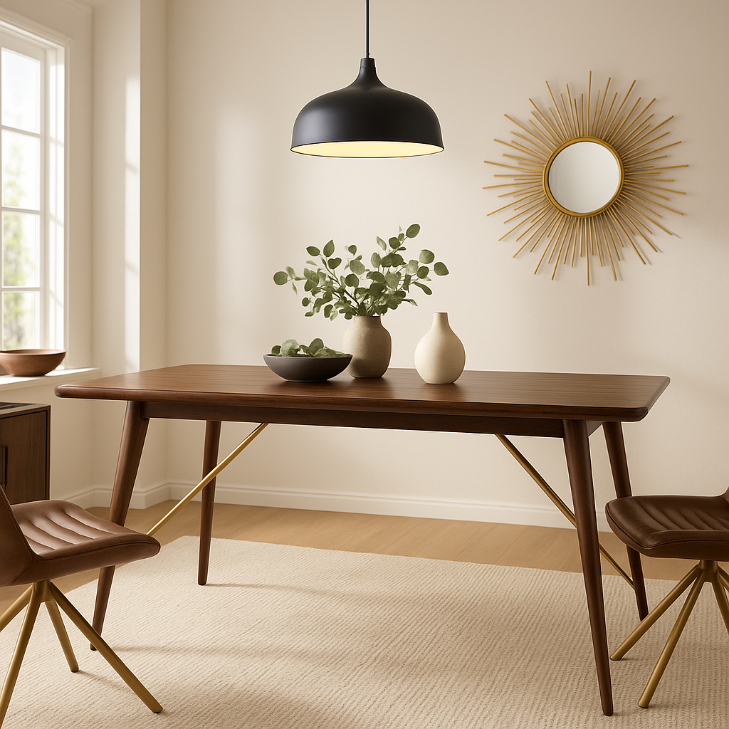 Lowen Walnut Dining Table Lowen Walnut Dining Table. Walnut wood table. Leather trim dining table. Brass leg dining table. Mid-century dining table. Modern walnut furniture. Retro-inspired dining table. Luxury wooden table.