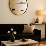 Lumi Shelved Wall Mirror. Round gold mirror. Wall mirror with shelves. Modern wall décor. Minimalist gold mirror. Contemporary wall mirror. Iron frame mirror. Functional wall accent. Elegant home accessory.