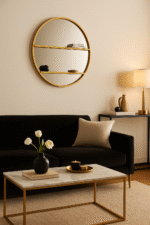 Lumi Shelved Wall Mirror. Round gold mirror. Wall mirror with shelves. Modern wall décor. Minimalist gold mirror. Contemporary wall mirror. Iron frame mirror. Functional wall accent. Elegant home accessory.