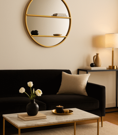 Lumi Shelved Wall Mirror. Round gold mirror. Wall mirror with shelves. Modern wall décor. Minimalist gold mirror. Contemporary wall mirror. Iron frame mirror. Functional wall accent. Elegant home accessory.