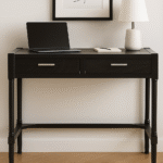 Marin 2 Drawer Pine Desk. Black pine desk. Modern home office furniture. Wooden writing desk. Two drawer desk. Traditional carved legs. Silver handle desk. Classic study table. Elegant workspace furniture.