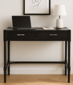 Marin 2 Drawer Pine Desk. Black pine desk. Modern home office furniture. Wooden writing desk. Two drawer desk. Traditional carved legs. Silver handle desk. Classic study table. Elegant workspace furniture.