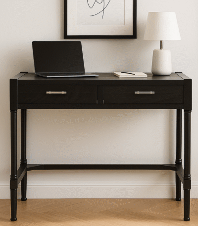 Marin 2 Drawer Pine Desk. Black pine desk. Modern home office furniture. Wooden writing desk. Two drawer desk. Traditional carved legs. Silver handle desk. Classic study table. Elegant workspace furniture.