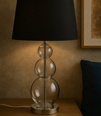 Marn 3 Orb Table Lamp. Silver table lamp. Glass orb lamp. Black shade table lamp. Grey shade lamp. Modern bedside lighting. Contemporary home décor. Elegant lighting. Reflective base lamp.