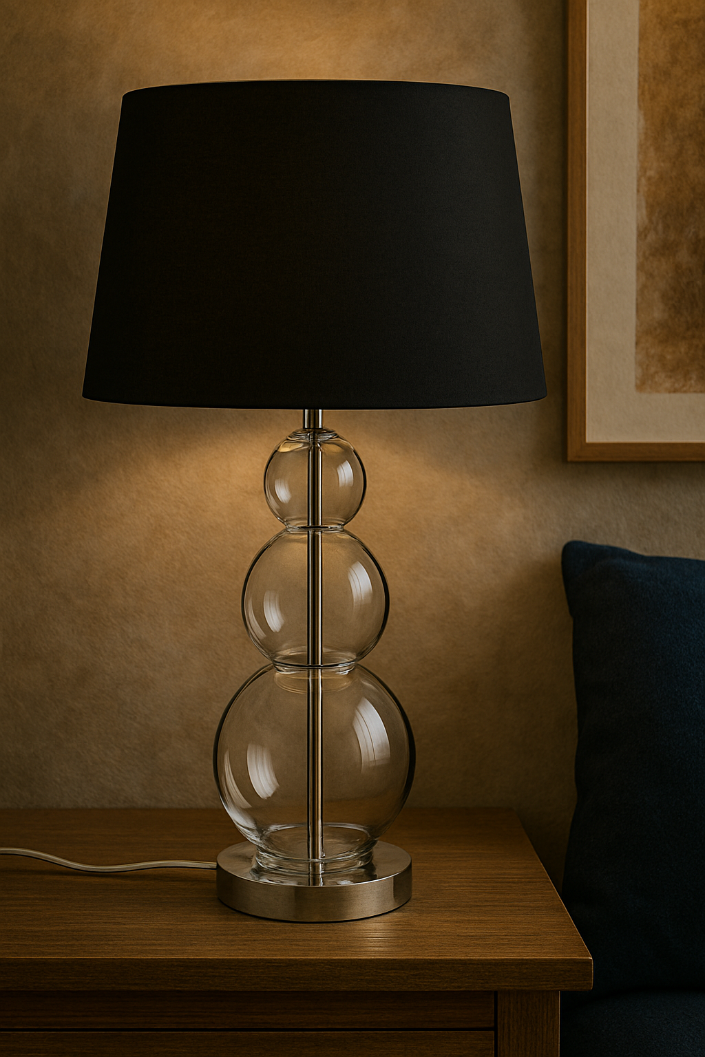Marn 3 Black Orb Table Lamp Marn 3 Orb Table Lamp. Silver table lamp. Glass orb lamp. Black shade table lamp. Grey shade lamp. Modern bedside lighting. Contemporary home décor. Elegant lighting. Reflective base lamp.