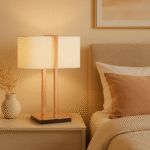 Mei Table Lamp. Chrome table lamp. Copper table lamp. White linen shade. Modern lighting. Contemporary décor. Sculptural lamp base. Elegant bedside lamp. Luxury home lighting.