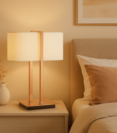 Mei Table Lamp. Chrome table lamp. Copper table lamp. White linen shade. Modern lighting. Contemporary décor. Sculptural lamp base. Elegant bedside lamp. Luxury home lighting.