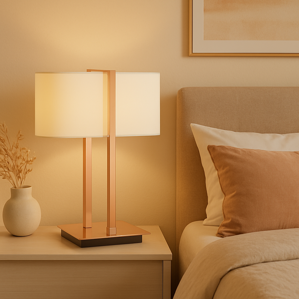 Mei Rose Gold Table Lamp Mei Table Lamp. Chrome table lamp. Copper table lamp. White linen shade. Modern lighting. Contemporary décor. Sculptural lamp base. Elegant bedside lamp. Luxury home lighting.