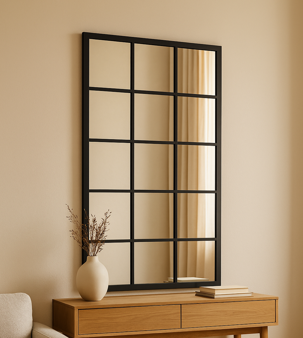 Meza Grid Wall Mirror Meza Grid Rectangular Wall Mirror. Grid wall mirror. Rectangular decorative mirror. Modern wall mirror. Statement home mirror. Industrial style mirror. Contemporary wall décor. Decorative mirrors UK. Living room wall mirror. Bedroom wall mirror. Hallway mirror. Large wall mirror. Metal grid mirror. Rectangular home mirror. Modern interior mirror.