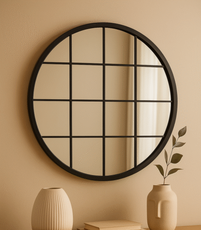 Round wall mirror. Grid round mirror. Circular decorative mirror. Modern round mirror. Statement wall mirror. Industrial home mirror. Contemporary mirror décor. Metal frame mirror. Large circular mirror. Feature wall mirror. Living room round mirror. Bedroom wall mirror. Hallway decorative mirror. Bathroom statement mirror. Modern interior mirror. Architectural wall mirror. Stylish home accessories. Trend-led wall décor. Premium decorative mirror. Home feature mirror.