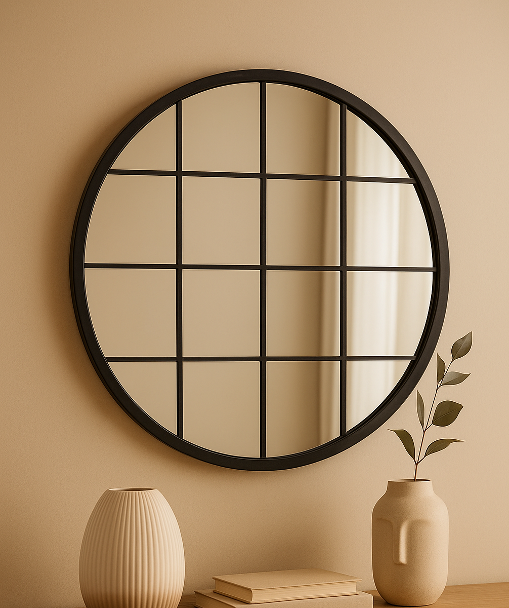 Meza Grid Round Wall Mirror Round wall mirror. Grid round mirror. Circular decorative mirror. Modern round mirror. Statement wall mirror. Industrial home mirror. Contemporary mirror décor. Metal frame mirror. Large circular mirror. Feature wall mirror. Living room round mirror. Bedroom wall mirror. Hallway decorative mirror. Bathroom statement mirror. Modern interior mirror. Architectural wall mirror. Stylish home accessories. Trend-led wall décor. Premium decorative mirror. Home feature mirror.