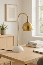 Miller Globe Table Lamp. Modern desk lamp. Gold finish table lamp. White marble base lamp. Semi globe shade lighting. Adjustable reading lamp. Contemporary lighting. Brass metal lamp. Elegant home décor. Designer lighting piece. Mid century modern lamp.