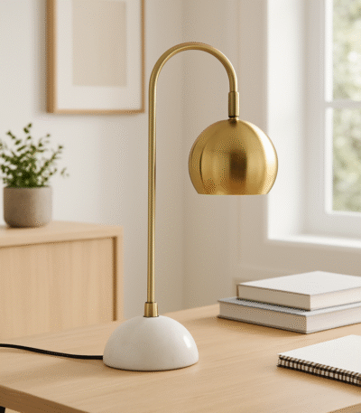 Miller Globe Table Lamp. Modern desk lamp. Gold finish table lamp. White marble base lamp. Semi globe shade lighting. Adjustable reading lamp. Contemporary lighting. Brass metal lamp. Elegant home décor. Designer lighting piece. Mid century modern lamp.