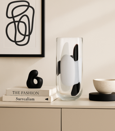 Mono Black & White Vase. Black and white glass vase. Abstract decorative vase. Modern glass vase. Contemporary home décor. Monochrome design vase. Handcrafted decorative piece. Small and large vase. Artistic glass centrepiece.