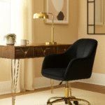 Monroe Velvet & Gold Legs Desk Chair. Velvet office chair. Gold base desk chair. Modern swivel chair. Adjustable home office seating. Luxury workspace chair. Ergonomic design. Grey Desk Chair. Dark grey desk chair. Black desk chair. Pink desk chair. Office. Desk.