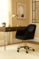 Monroe Velvet & Gold Legs Desk Chair. Velvet office chair. Gold base desk chair. Modern swivel chair. Adjustable home office seating. Luxury workspace chair. Ergonomic design. Grey Desk Chair. Dark grey desk chair. Black desk chair. Pink desk chair. Office. Desk.